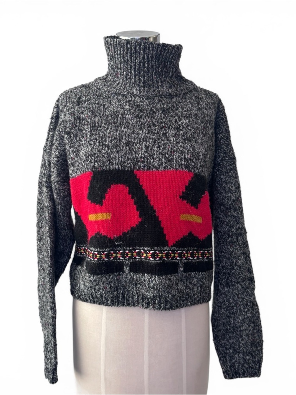 Vintage Black, Gray and Red Geometric Abstract Turtleneck Wool Sweater M - Picture 2 of 5